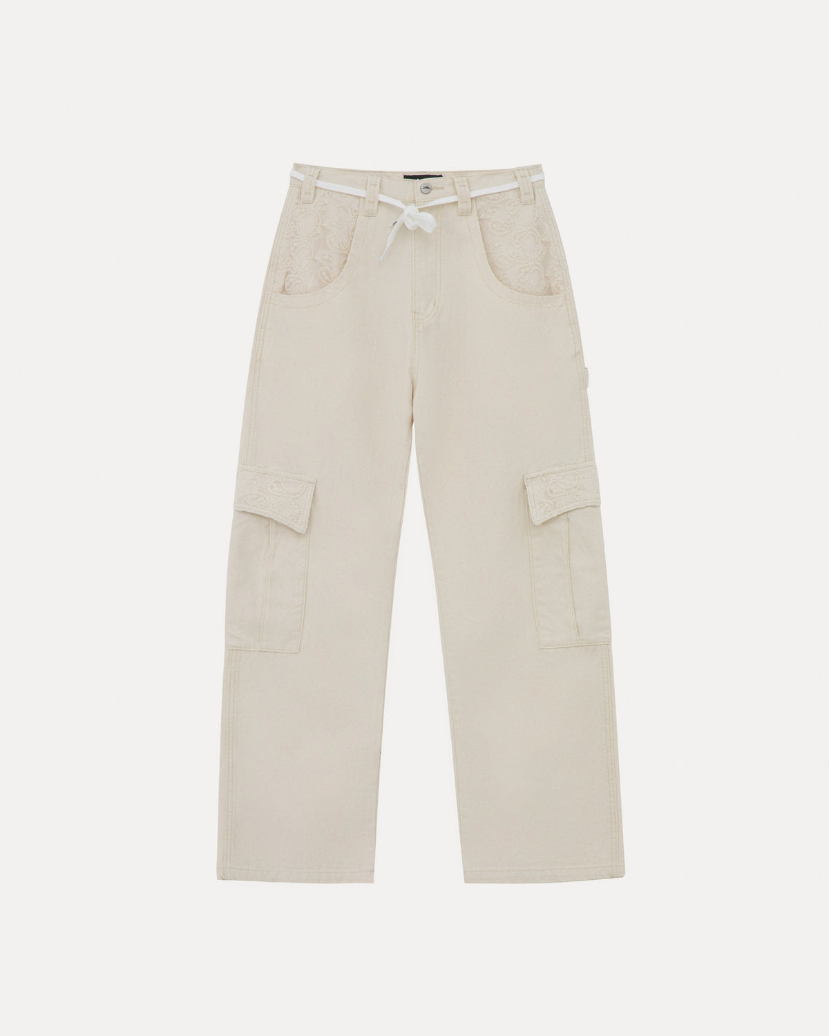Wide-Leg Lace Applique Cargo Pant - Natural