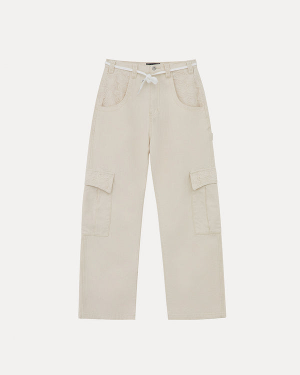 Wide-Leg Lace Applique Cargo Pant - Natural