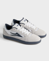 Lakai Cambridge XLK skate shoes in White Suede Navy Gum, angled pair view