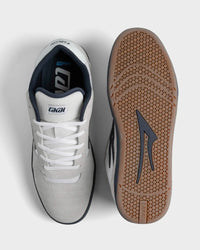 Lakai Cambridge XLK skate shoe in White Suede Navy Gum, top and outsole view