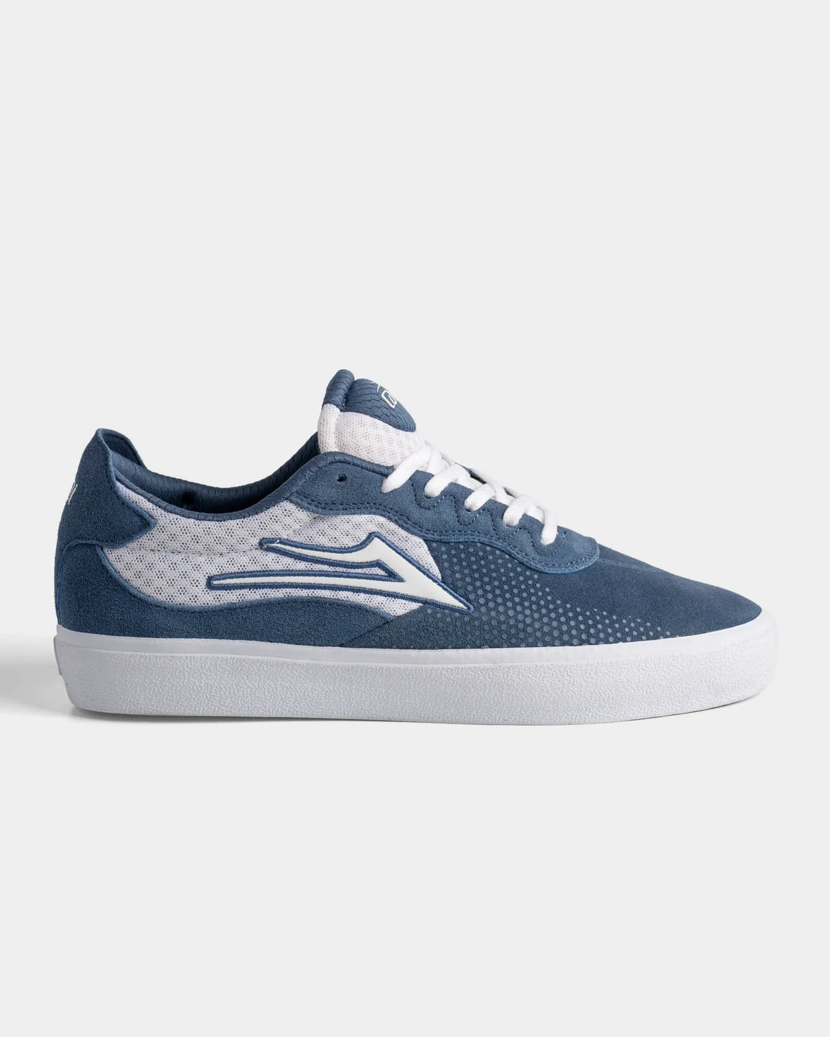 Lakai Essex skate shoe in Light Navy Suede White, side profile