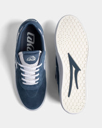 Lakai Essex skate shoe in Light Navy Suede White, top and outsole view