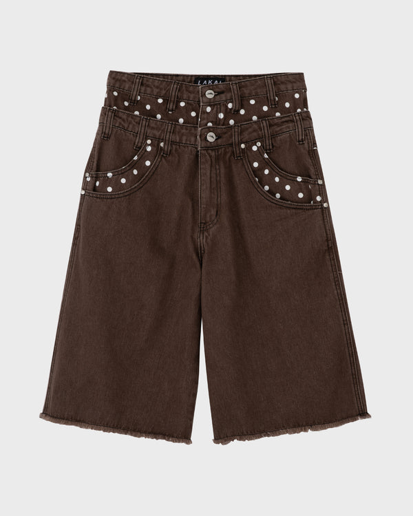 Double-Waisted Jumbo Jorts - Brown/Polka