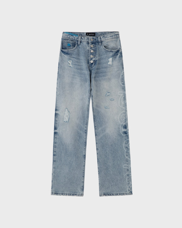 Distressted/Etched Straight Leg Denims - Washed Indigo