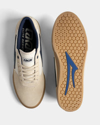 Lakai Manchester Elite skate shoe in Whisper White Suede Navy, top and outsole view