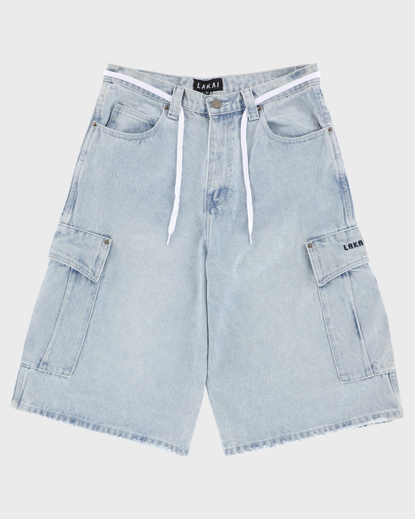Light blue denim cargo shorts on a white background