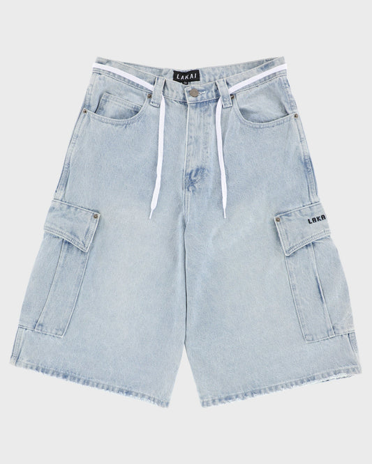 Light blue denim cargo shorts on a white background