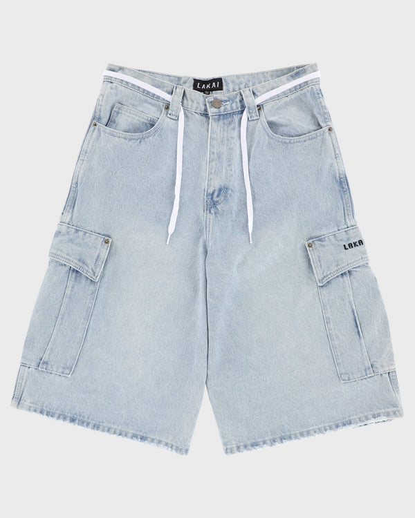 Light blue denim cargo shorts on a white background