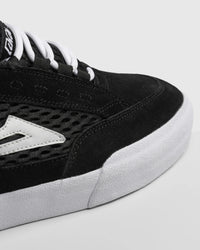 Lakai Aran skate shoe in Black Suede White, toe detail