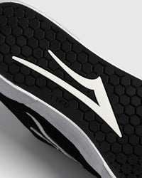 Lakai Aran skate shoe in Black Suede White, heel and side detail
