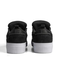 Lakai Aran skate shoes in Black Suede White, heel view