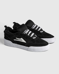 Lakai Aran skate shoes in Black Suede White, angled pair view