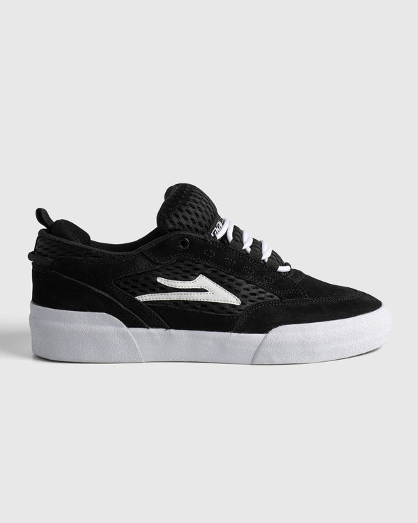 Lakai Aran skate shoe in Black Suede White, side profile