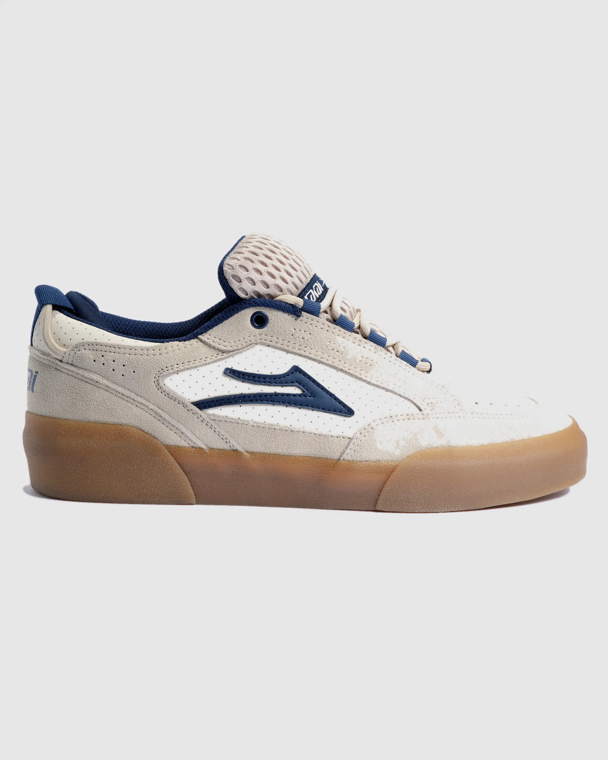 Lakai Aran skate shoe in Whisper White Suede, side profile