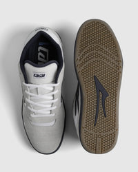 Lakai Cambridge XLK skate shoe in White Suede Navy Gum, top and outsole view