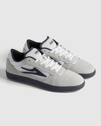 Lakai Cambridge XLK skate shoes in White Suede Navy Gum, angled pair view