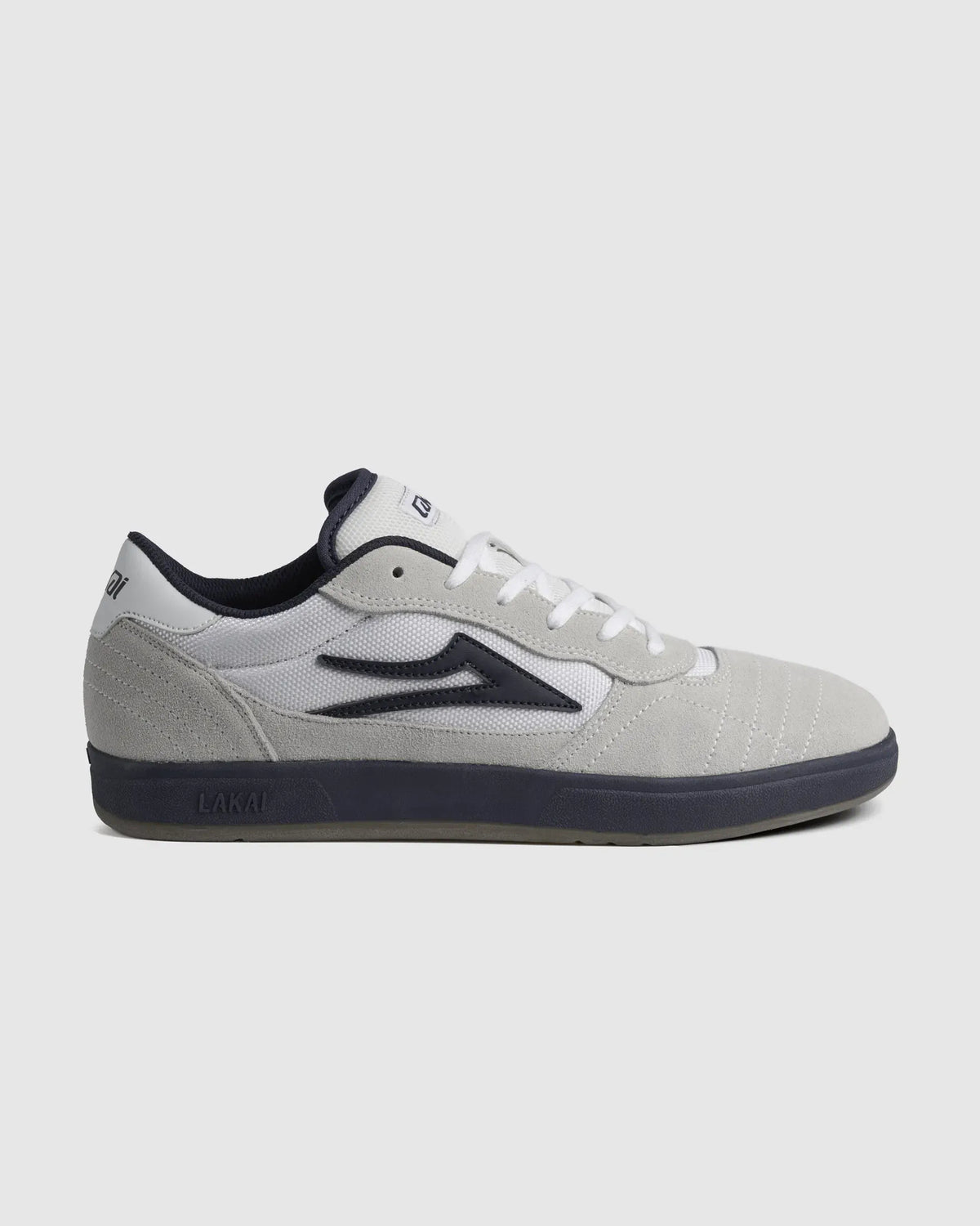 Lakai Cambridge XLK skate shoe in White Suede Navy Gum, side profile