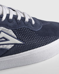 Lakai Essex skate shoe in Light Navy Suede White, toe detail