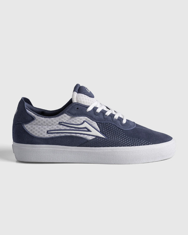 Lakai Essex skate shoe in Light Navy Suede White, side profile